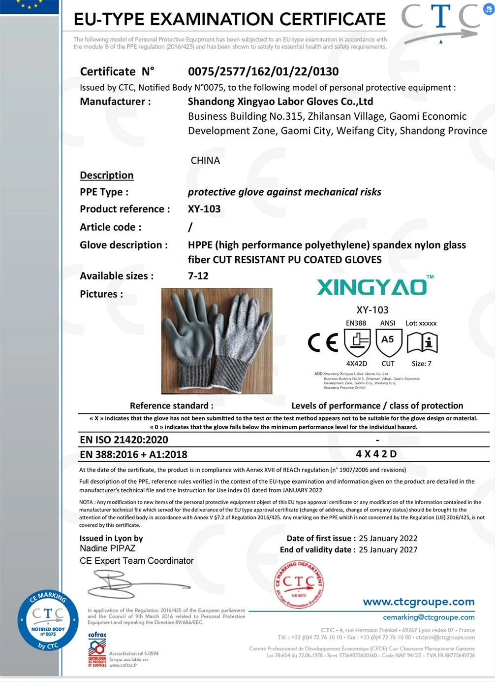 En388 A5 Nylon & Hppe & Glass Fiber Liner PU (Polyurethane) Coated Anti Cut Resistant Cutting Proof Work Safety Hand Protection Knitted ANSI Gloves